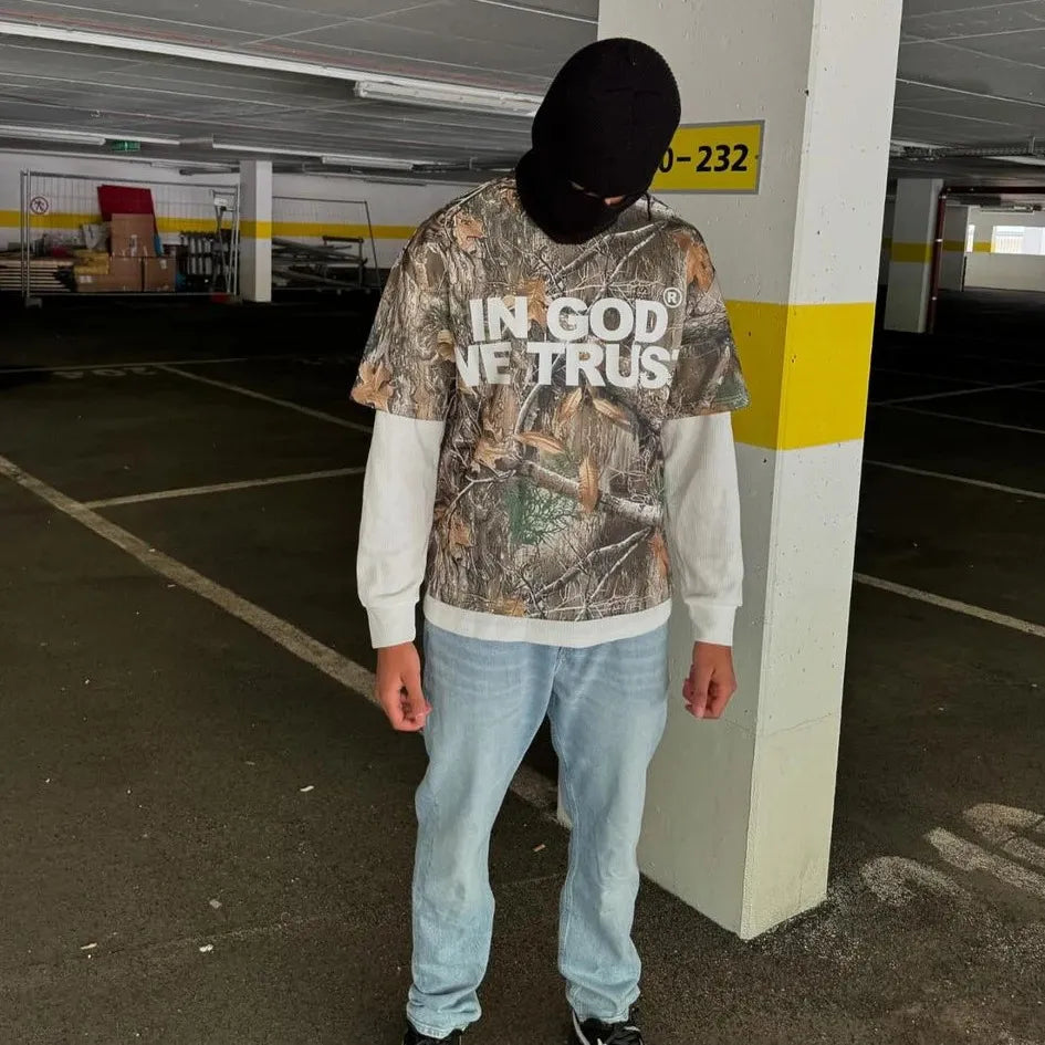 "In God We Trust" Camo Long Sleeve Shirt - Streetwear Boulevard