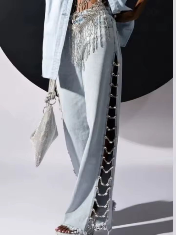 Crystal Ladder Flare Jeans - Streetwear Boulevard