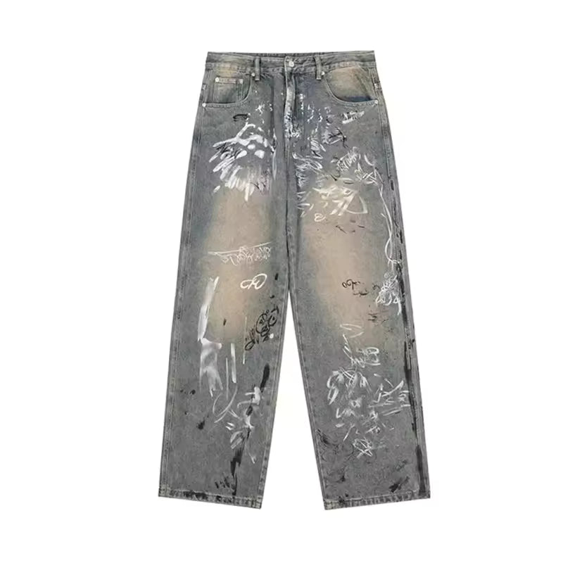 Grey Graffiti Baggy Jeans - Streetwear Boulevard