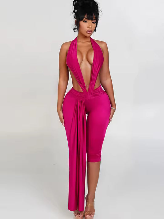Halter Plunge Drape Jumpsuit