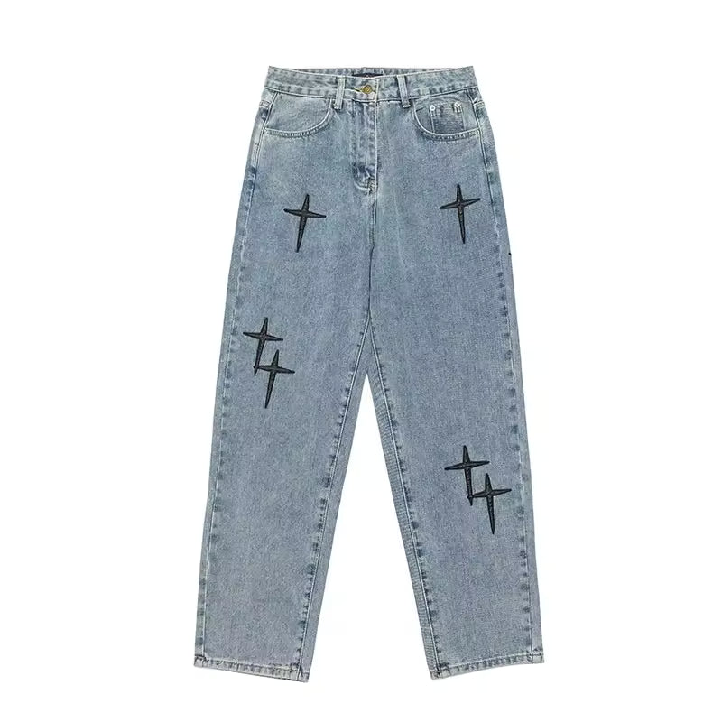 Washed Cross Design Baggy Jeans - Streetwear Boulevard