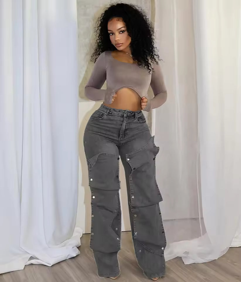 Studded Panel Wide Leg Jeans - Streetwear Boulevard