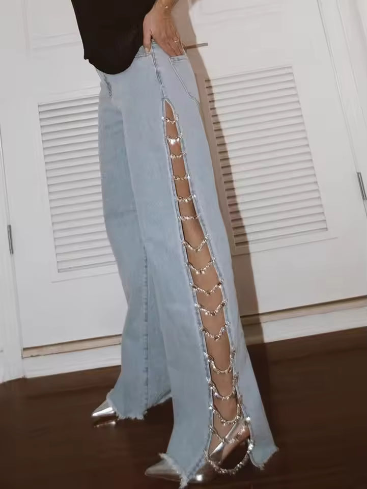 Crystal Ladder Flare Jeans - Streetwear Boulevard