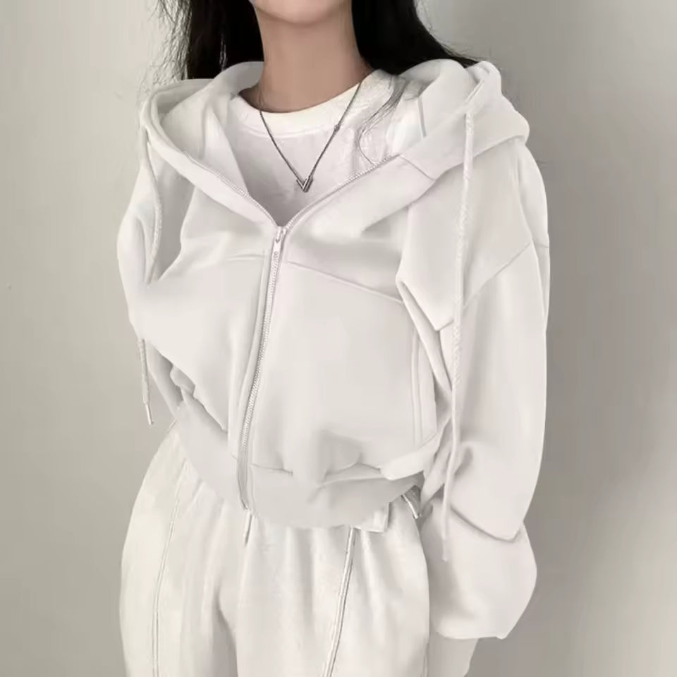 Solid Print Zip Up Crop Jacket - Streetwear Boulevard