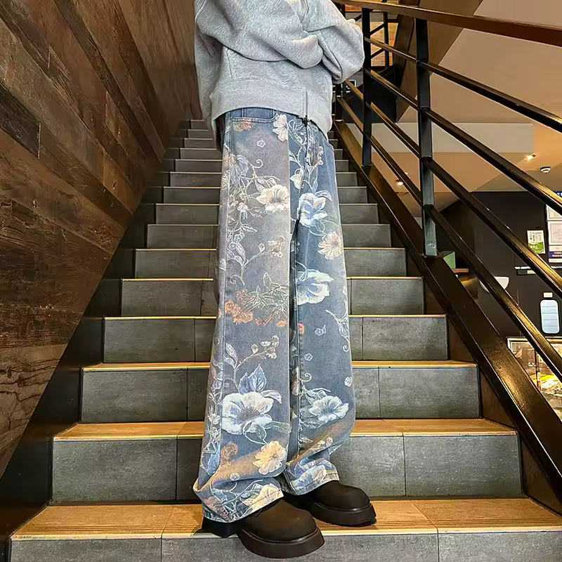 Floral Print Baggy Jeans - Streetwear Boulevard