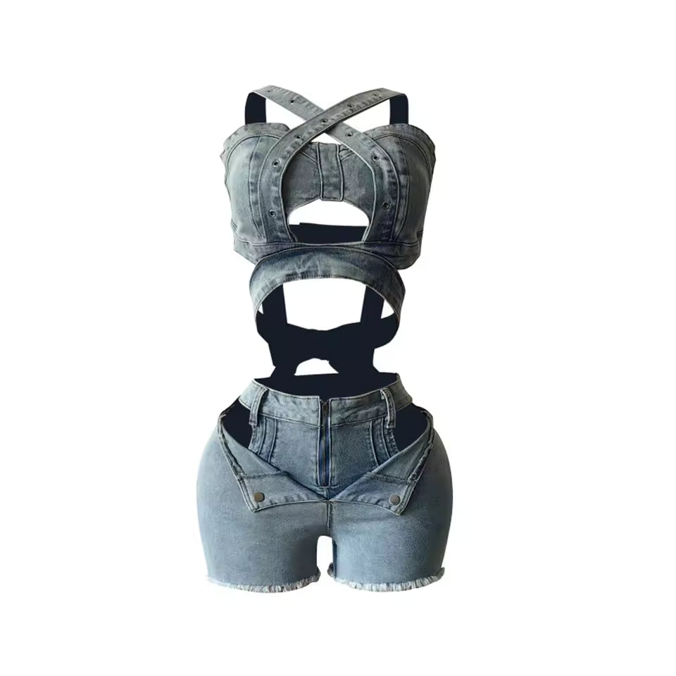 Crossover Cutout Denim Set - Streetwear Boulevard