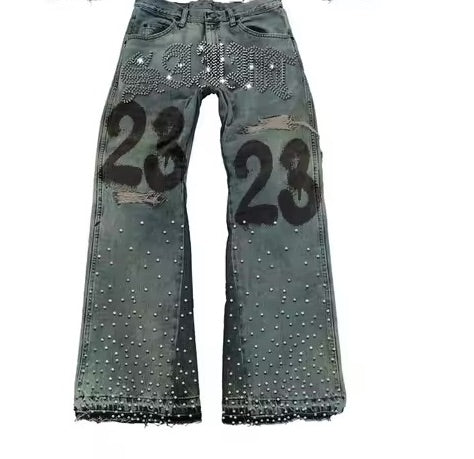 Distressed Saint Studded Jeans