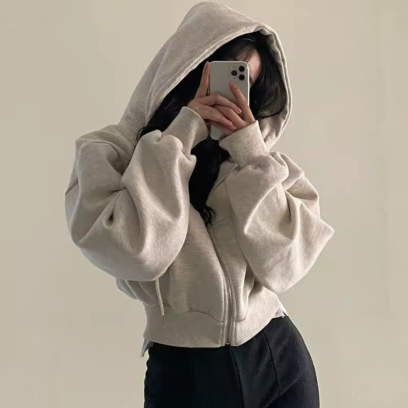 Solid Print Zip Up Crop Jacket - Streetwear Boulevard