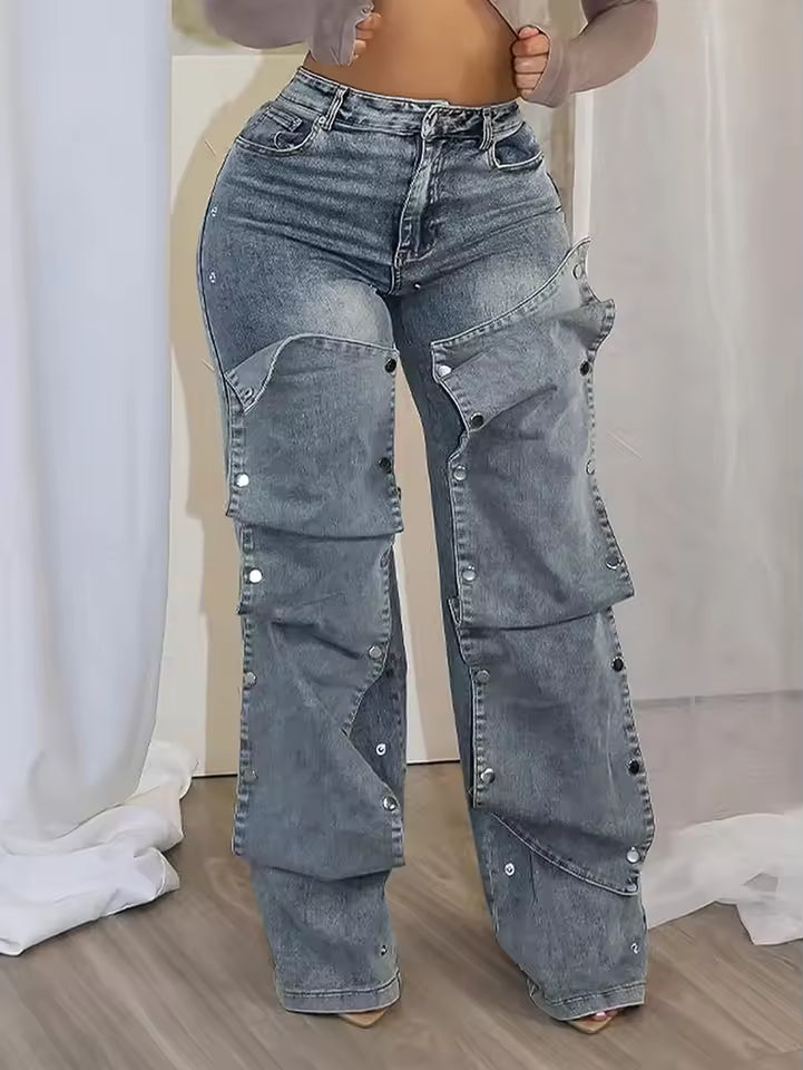 Studded Panel Wide Leg Jeans - Streetwear Boulevard