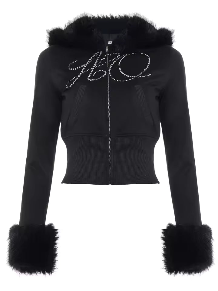 Midnight Luxe Fur-Trimmed Crop Zip-Up