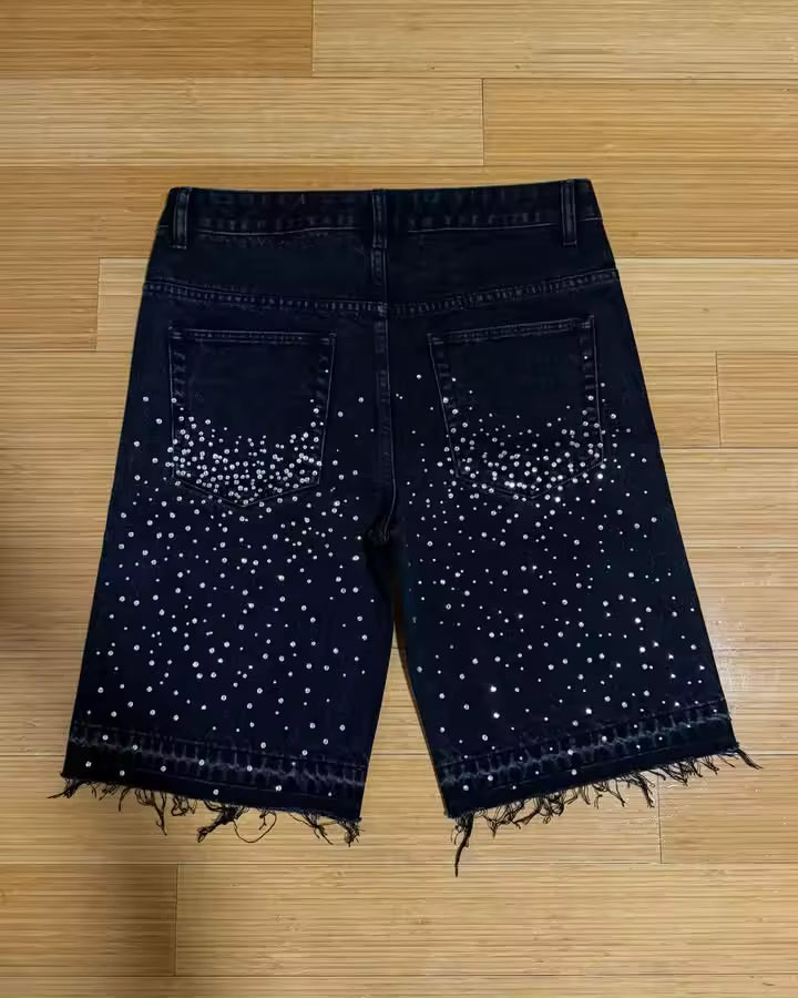 Cross Rhinestone Denim Shorts - Streetwear Boulevard