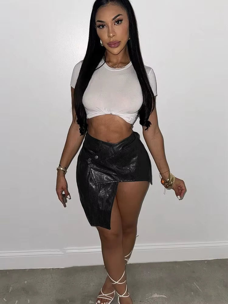 Draped Faux Leather Skirt - Streetwear Boulevard