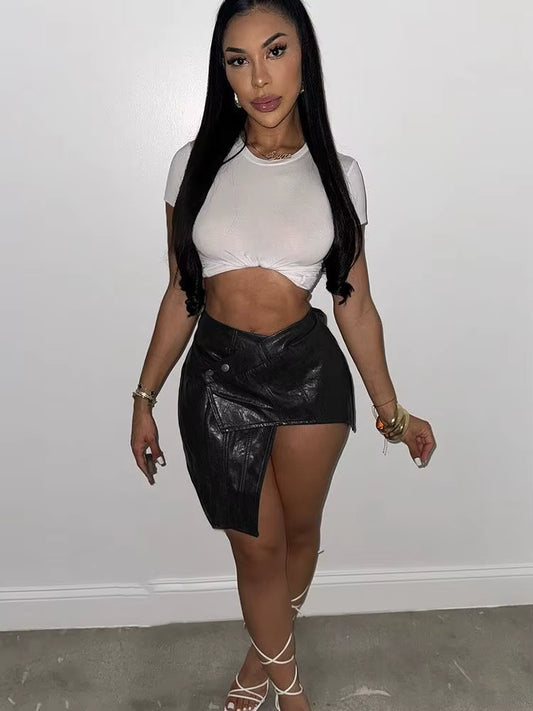 Draped Faux Leather Skirt - Streetwear Boulevard