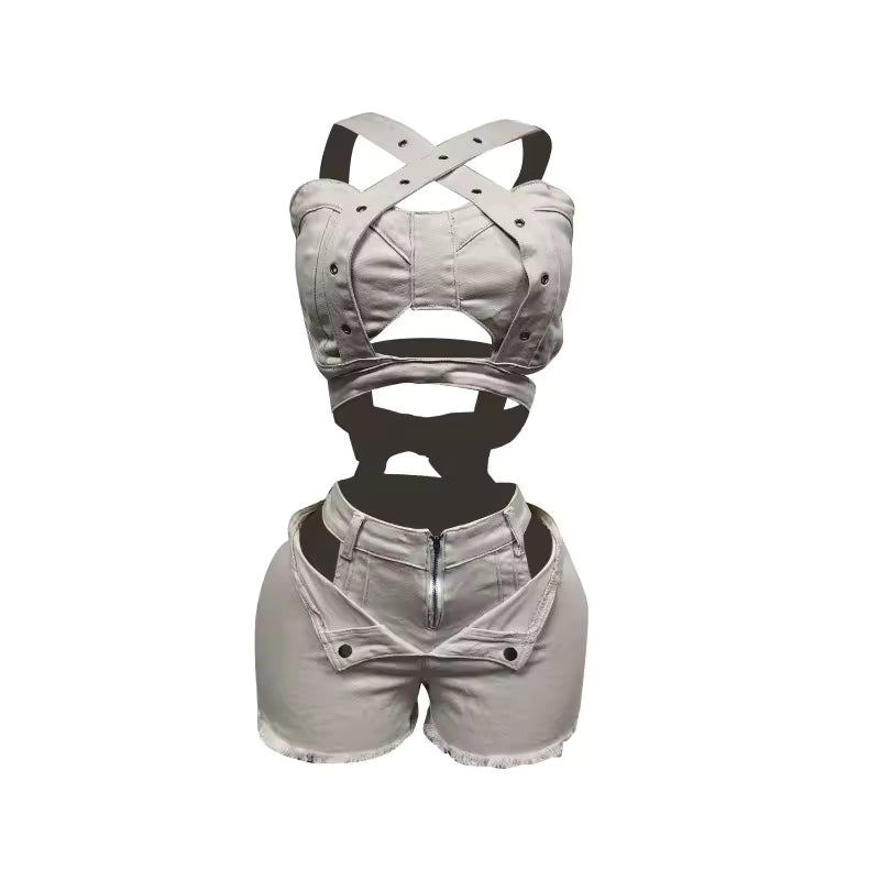 Crossover Cutout Denim Set - Streetwear Boulevard