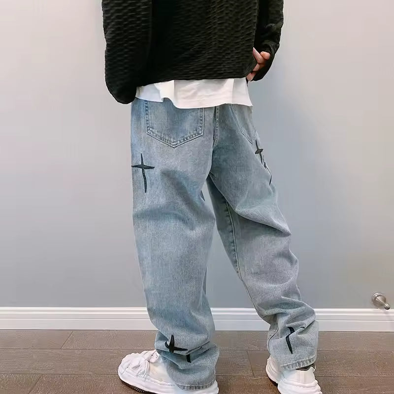 Washed Cross Design Baggy Jeans - Streetwear Boulevard