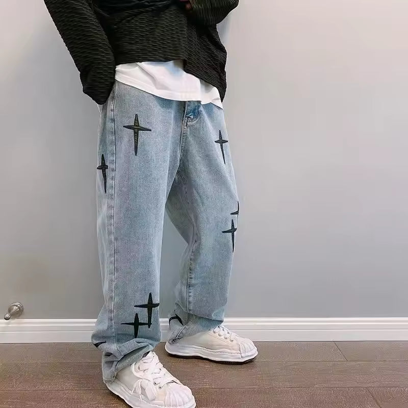Washed Cross Design Baggy Jeans - Streetwear Boulevard