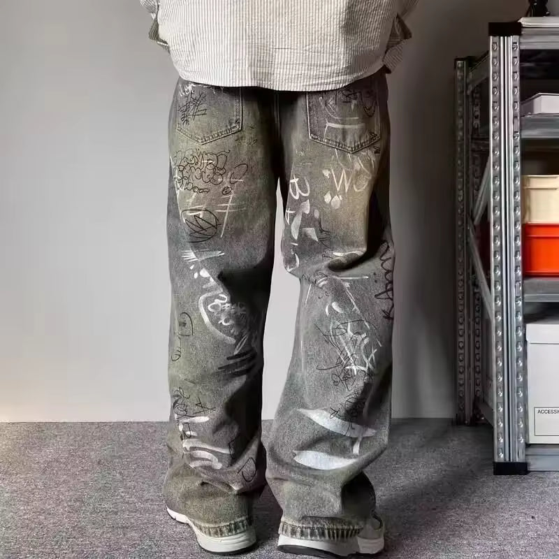 Grey Graffiti Baggy Jeans - Streetwear Boulevard