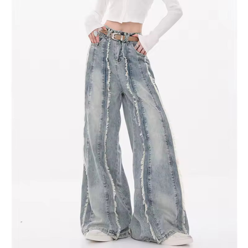Frayed Seam Wide-Leg Jeans - Streetwear Boulevard
