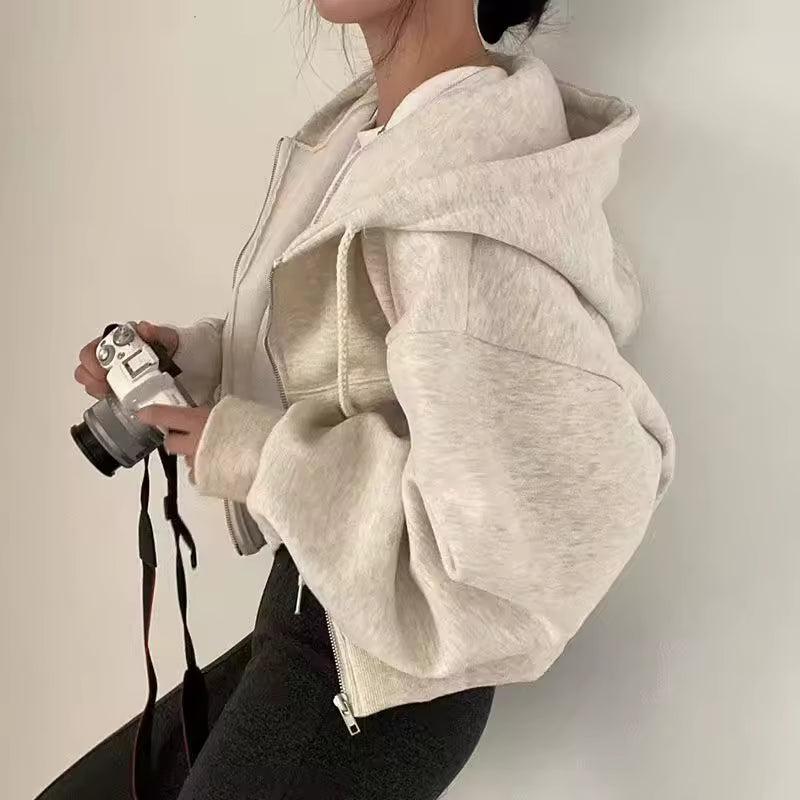 Solid Print Zip Up Crop Jacket - Streetwear Boulevard