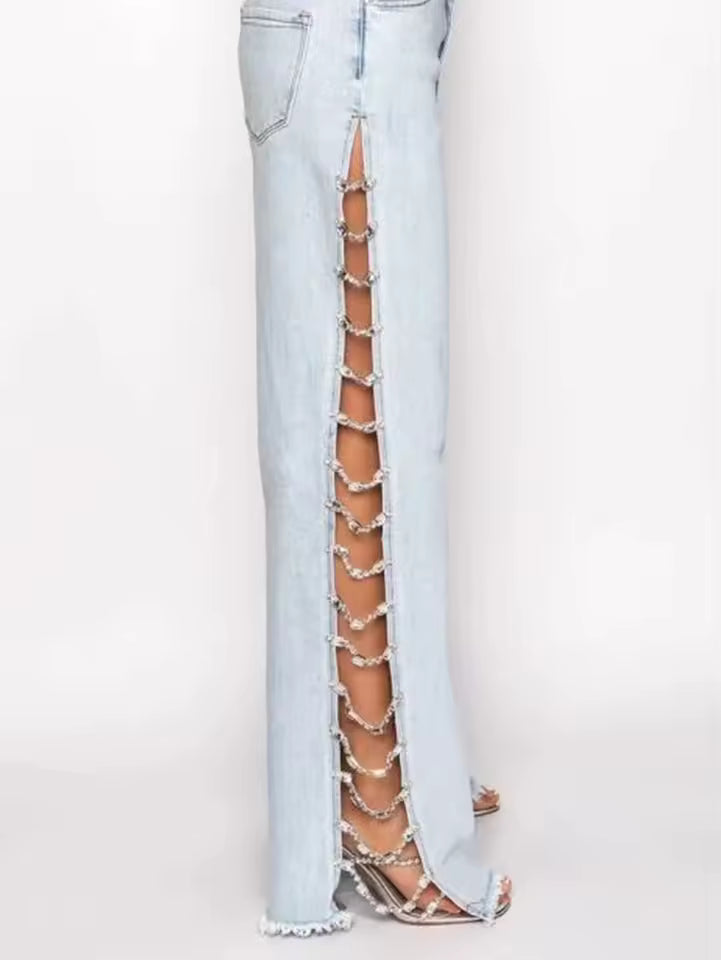 Crystal Ladder Flare Jeans - Streetwear Boulevard
