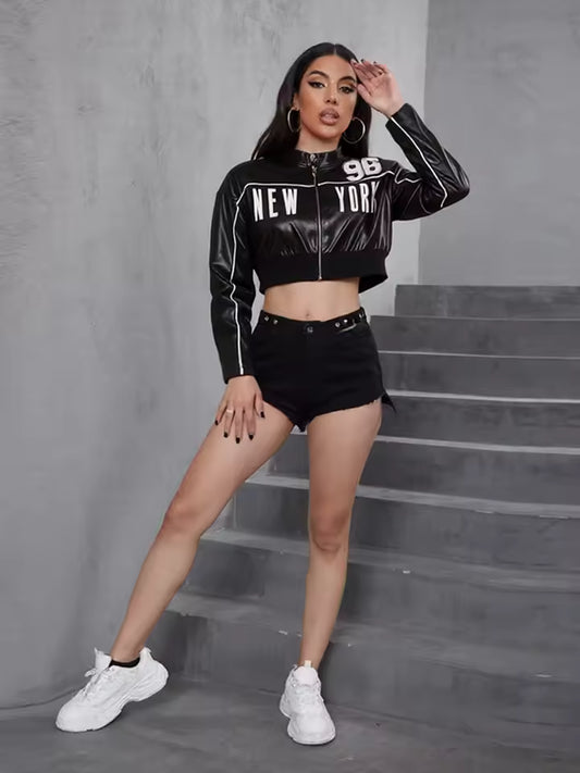 "New York 96" Faux Leather Varsity Crop Jacket