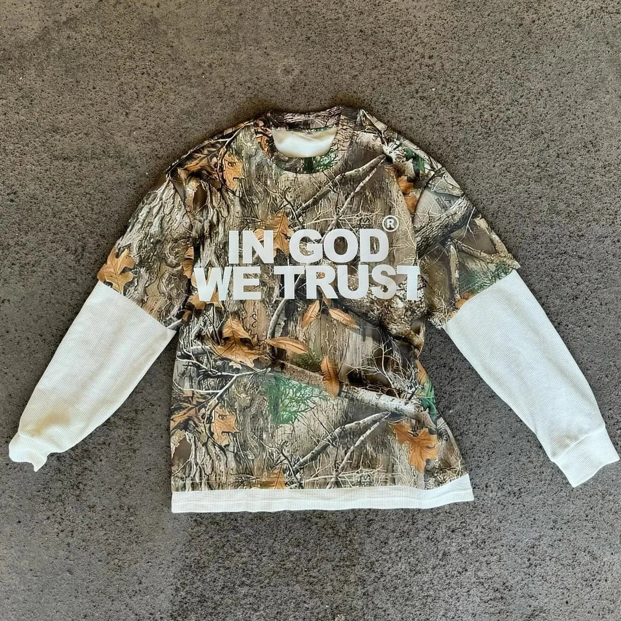 "In God We Trust" Camo Long Sleeve Shirt - Streetwear Boulevard