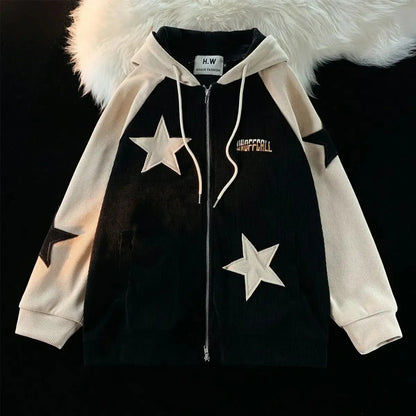 Star Panel Corduroy Zip-Up Hoodie