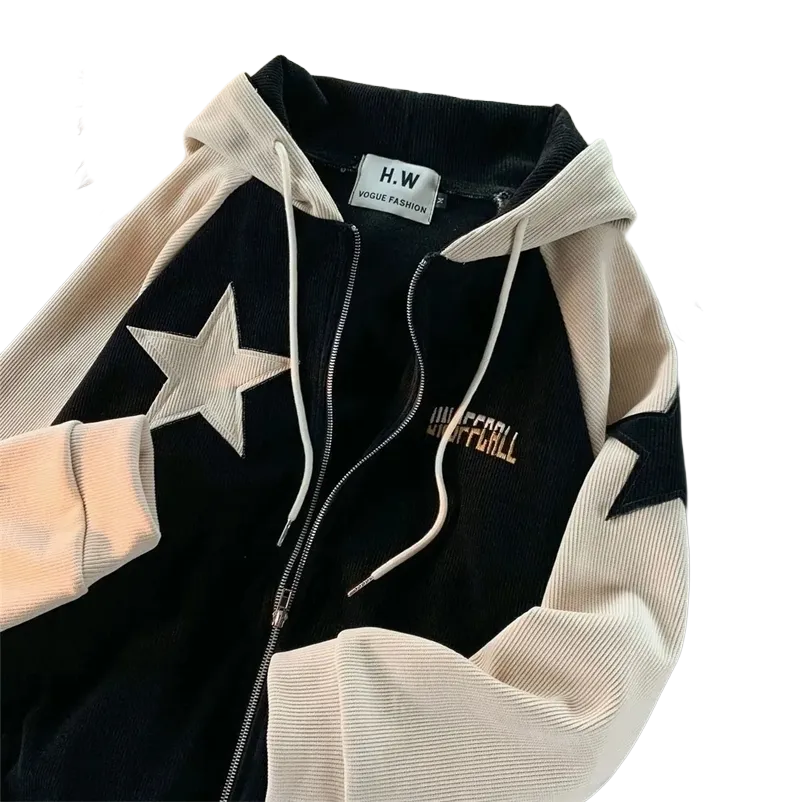 Star Panel Corduroy Zip-Up Hoodie - Streetwear Boulevard