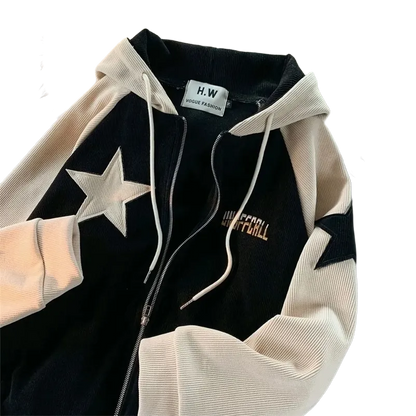 Star Panel Corduroy Zip-Up Hoodie - Streetwear Boulevard