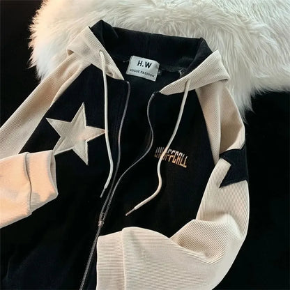 Star Panel Corduroy Zip-Up Hoodie