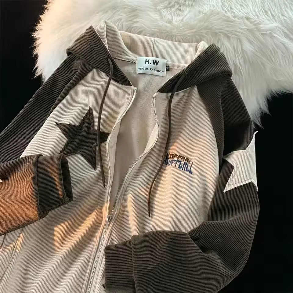 Star Panel Corduroy Zip-Up Hoodie