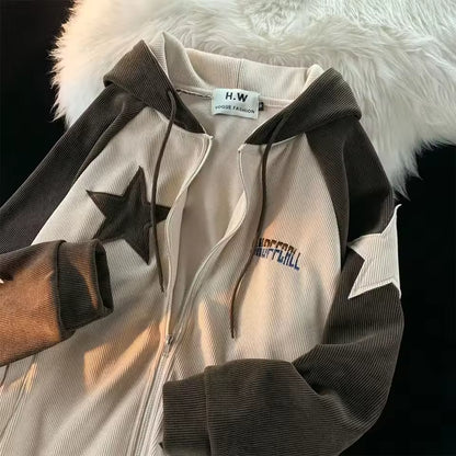 Star Panel Corduroy Zip-Up Hoodie