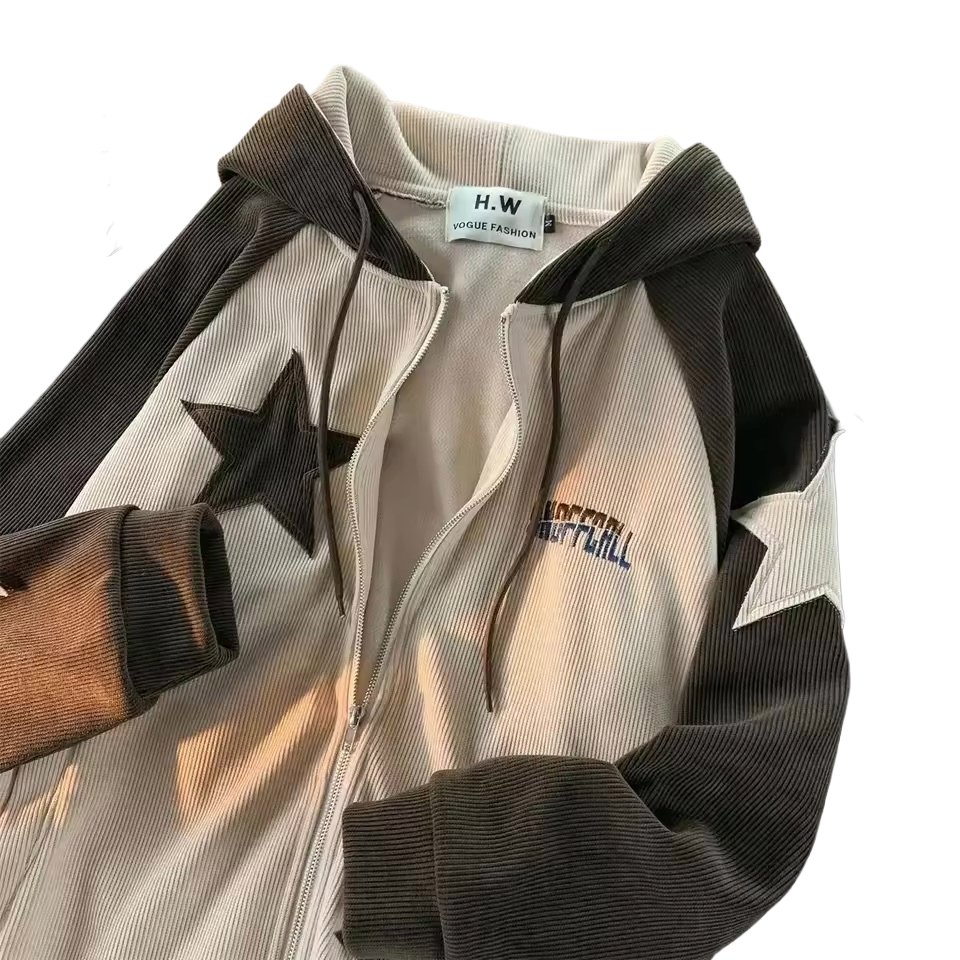 Star Panel Corduroy Zip-Up Hoodie - Streetwear Boulevard