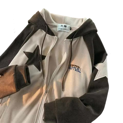 Star Panel Corduroy Zip-Up Hoodie - Streetwear Boulevard