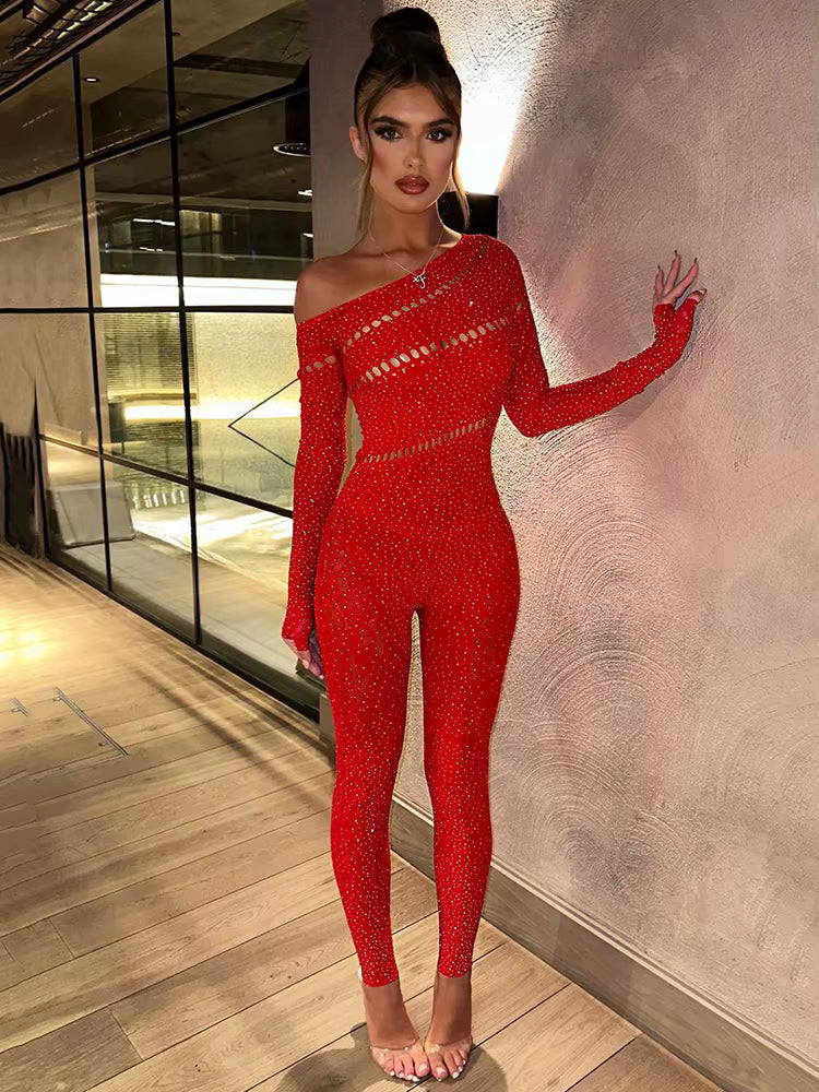 Long Sleeve Sheer Crystal-Detail Jumpsuit