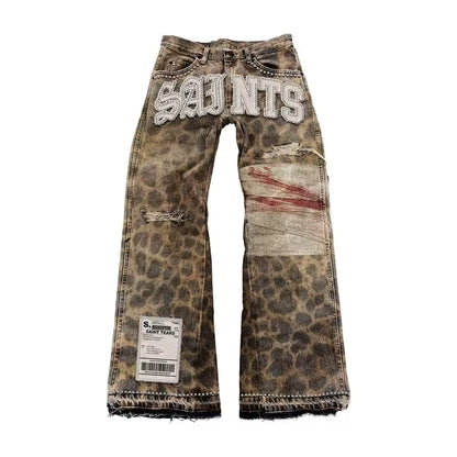 SAINTS Animal Print Embroidered Jeans - Streetwear Boulevard