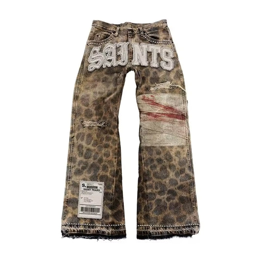 SAINTS Animal Print Embroidered Jeans - Streetwear Boulevard
