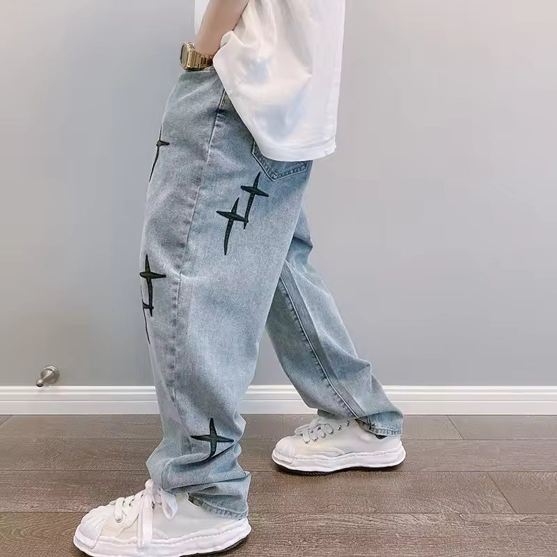 Washed Cross Design Baggy Jeans - Streetwear Boulevard