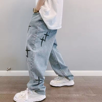 Washed Cross Design Baggy Jeans - Streetwear Boulevard