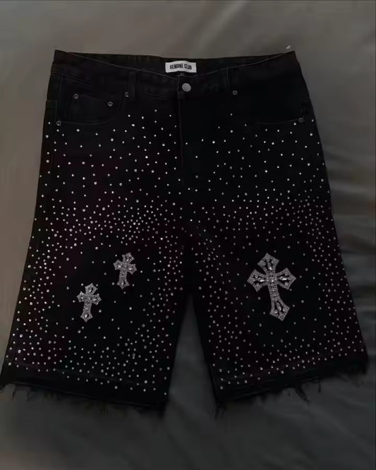 Cross Rhinestone Denim Shorts - Streetwear Boulevard