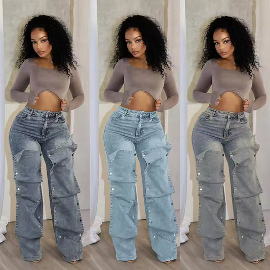 Studded Panel Wide Leg Jeans - Streetwear Boulevard