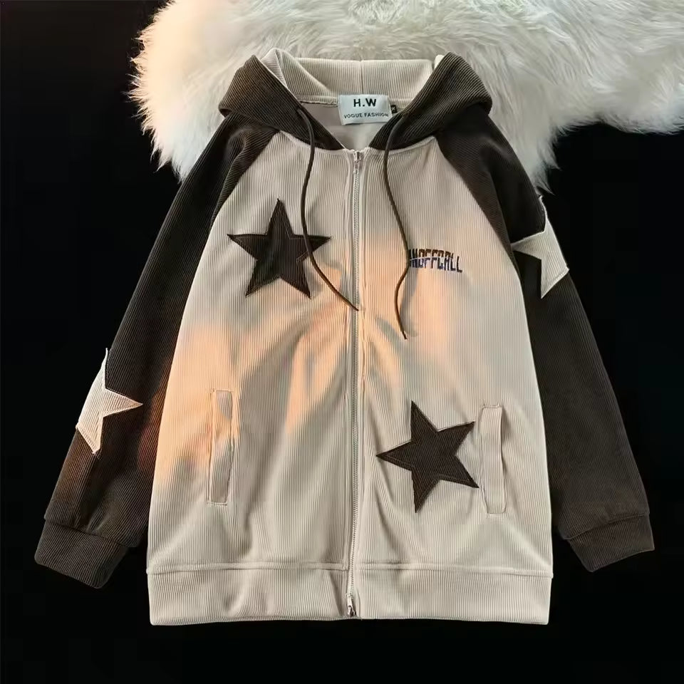Star Panel Corduroy Zip-Up Hoodie