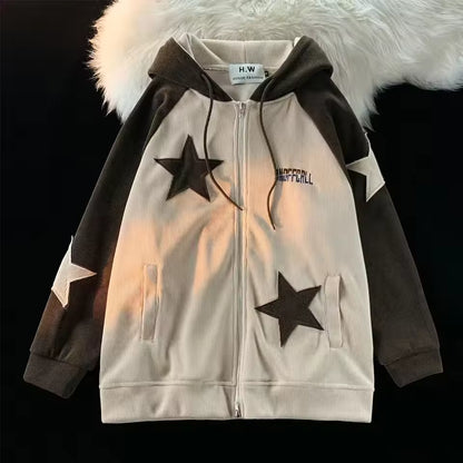 Star Panel Corduroy Zip-Up Hoodie