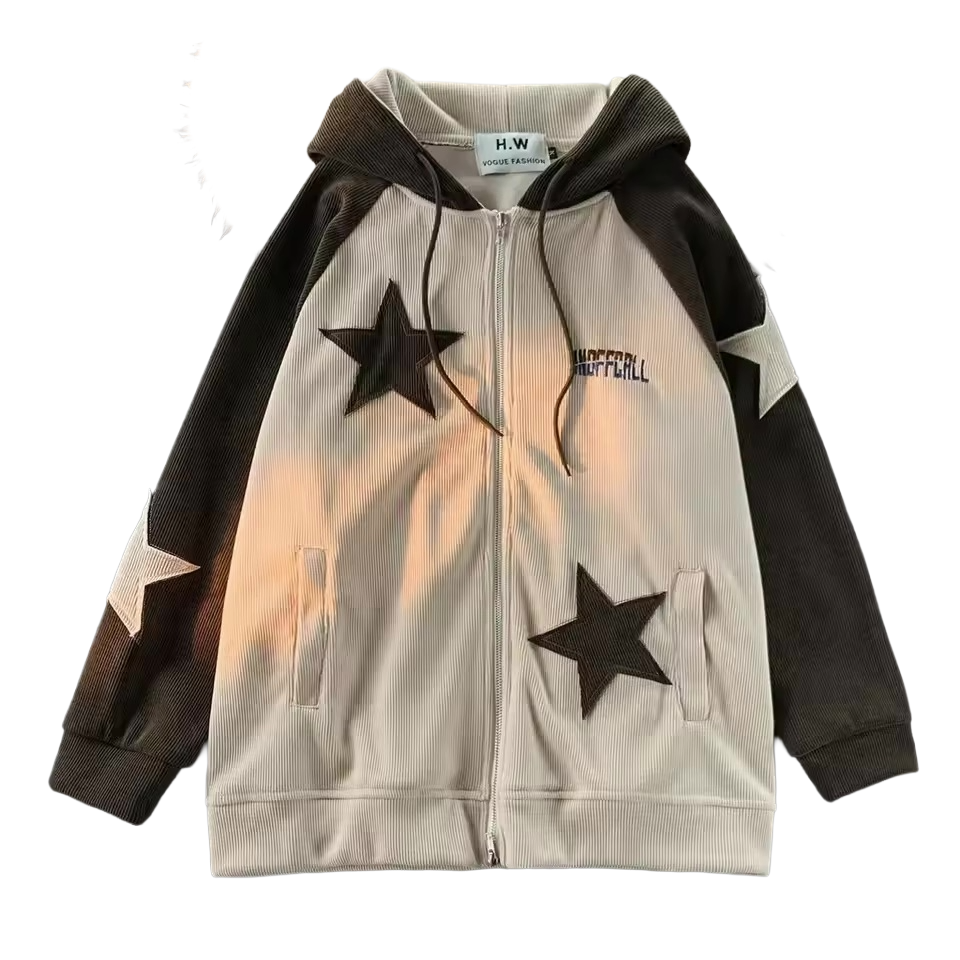 Star Panel Corduroy Zip-Up Hoodie - Streetwear Boulevard