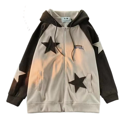 Star Panel Corduroy Zip-Up Hoodie - Streetwear Boulevard
