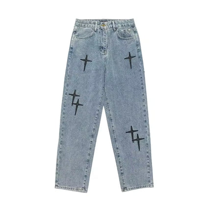 Washed Cross Design Baggy Jeans - Streetwear Boulevard