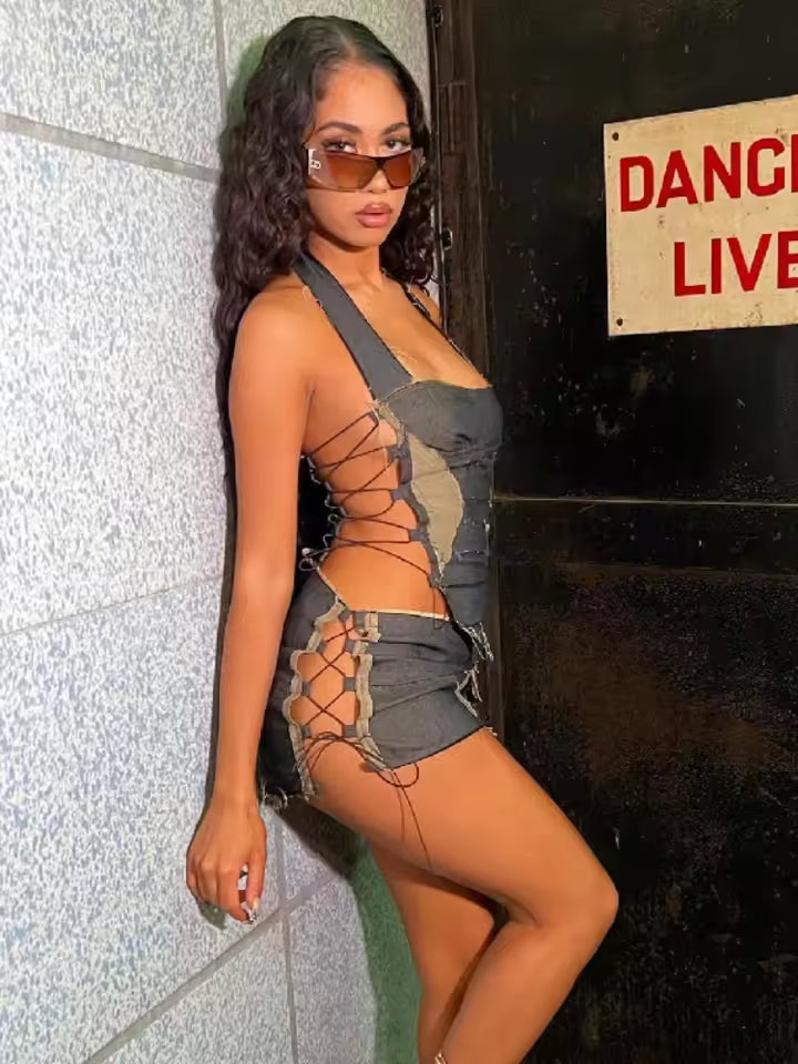Patchwork Lace-Up Set - Streetwear Boulevard