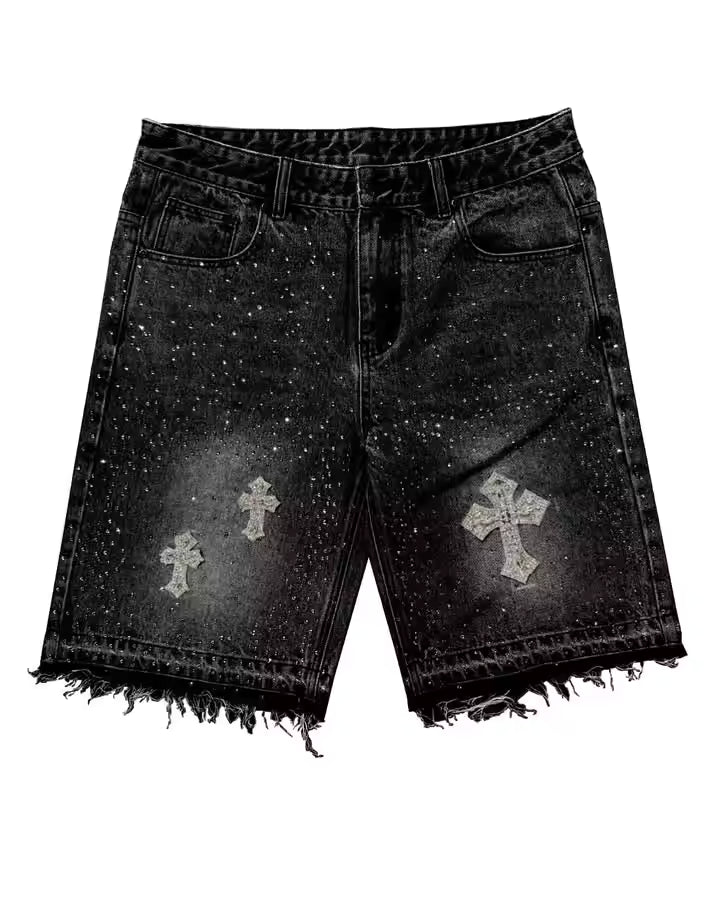 Cross Rhinestone Denim Shorts - Streetwear Boulevard