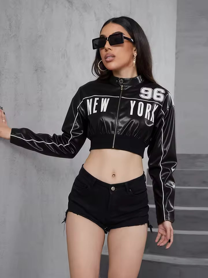 "New York 96" Faux Leather Varsity Crop Jacket