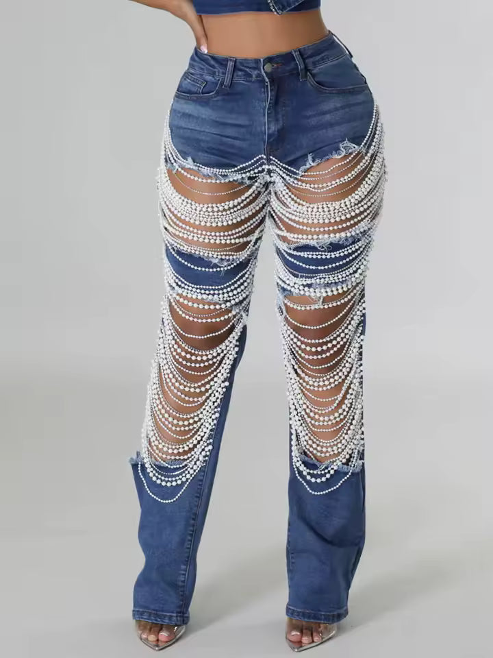 Pearl Waterfall Flare Jeans - Streetwear Boulevard